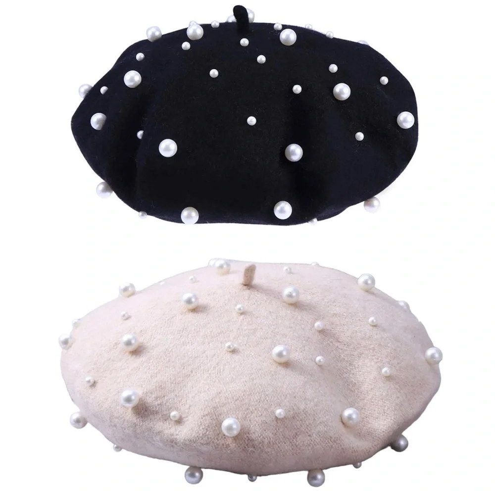 Cashmere Beret (Beaded) in Ivory or Black with White Simulated Pearls